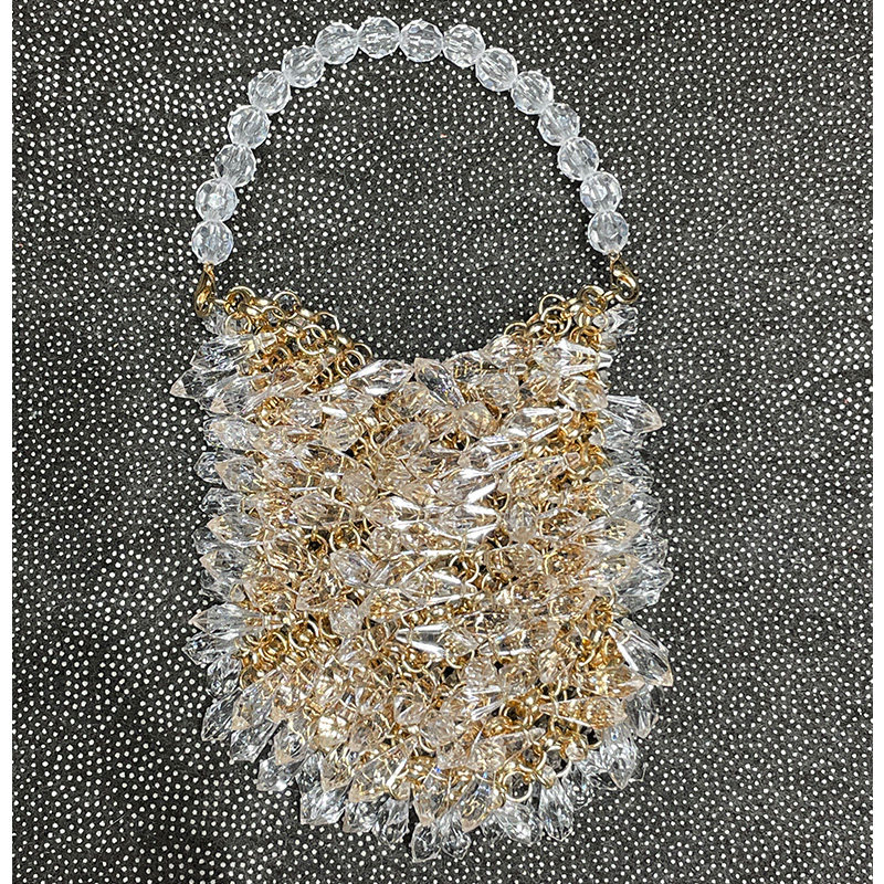 时尚雅妮新款水钻水桶包晚宴斜挎包手工编织串珠水晶珍珠包手提包