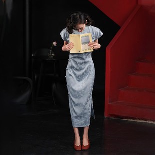 蓝色全开襟旗袍提花2025春季文艺D复古民国书卷气年轻款少女日常