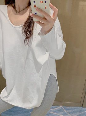 低领打底衫女内搭百搭宽松纯色加厚磨毛薄绒开叉S中长款白色t恤女