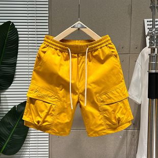 短裤 工装 男宽松多口袋薄款 直筒五分裤 夏季 松紧腰抽绳休闲中裤 新款