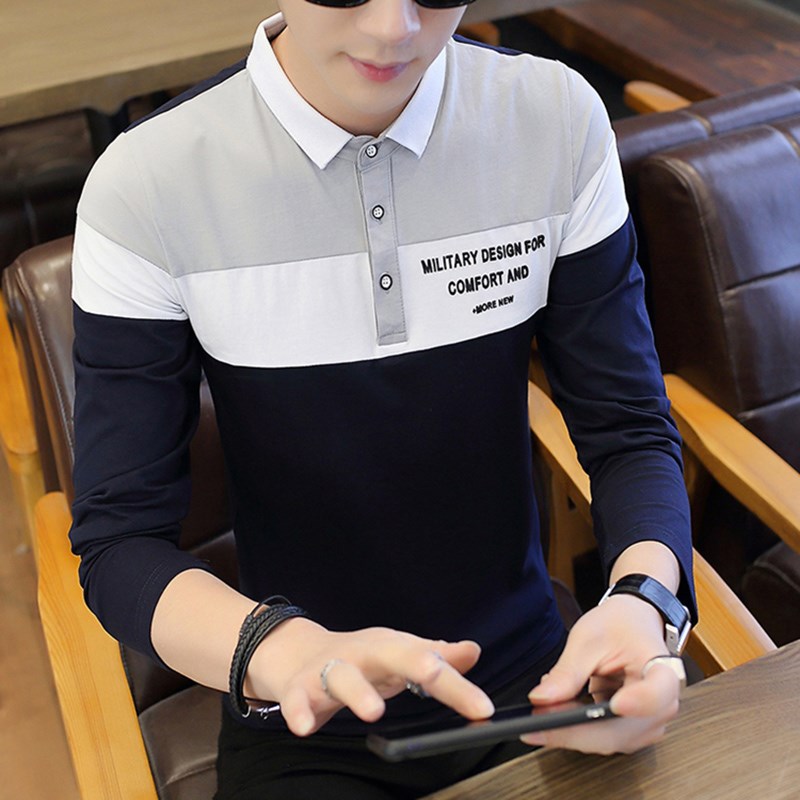 男士长袖t恤秋季棉质翻领衣服青年打底衫带领男装衬衫领polo衫潮