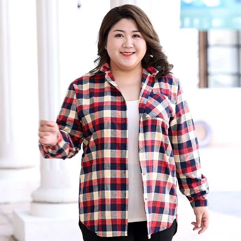 大码格子衬衫女胖mm200斤宽松洋气中长款衬衣长袖宽松显高档瘦秋