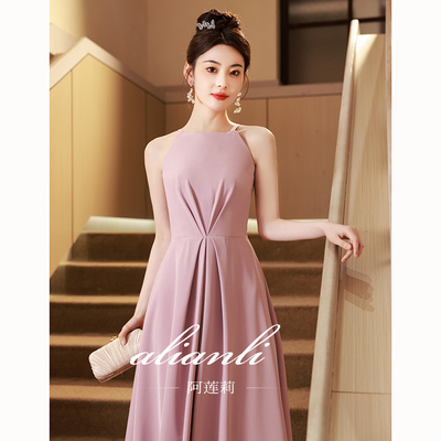 晚礼服裙女轻奢小众高端缎面高级感伴娘服小个子主持人端庄大气