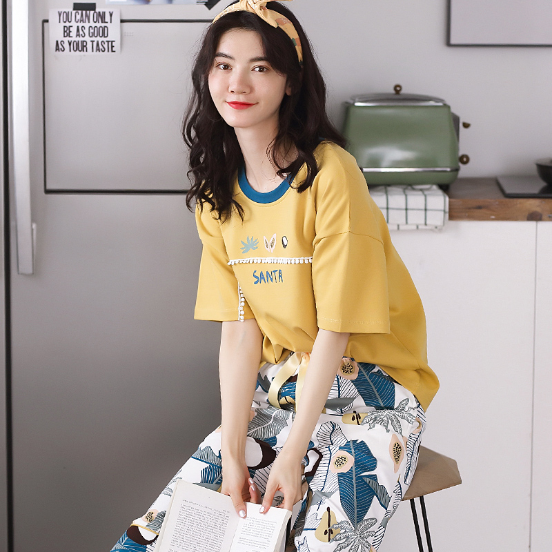 2021年新款睡衣女夏短袖七分裤两件套装薄款夏季可出门家居服