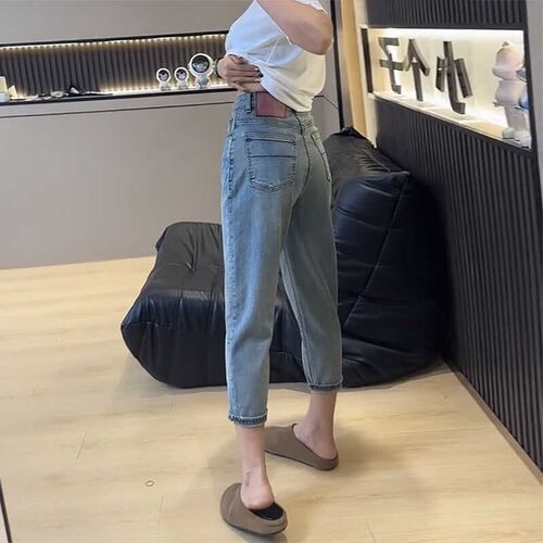 夏季薄款小个子大码哈伦牛仔裤女胖妹妹弹力高腰显瘦老爹裤子八分