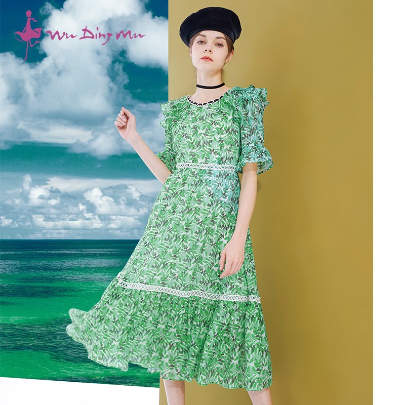 五丁目衣舍女装夏季新款修身显瘦大摆裙拼接高腰连衣裙37703268