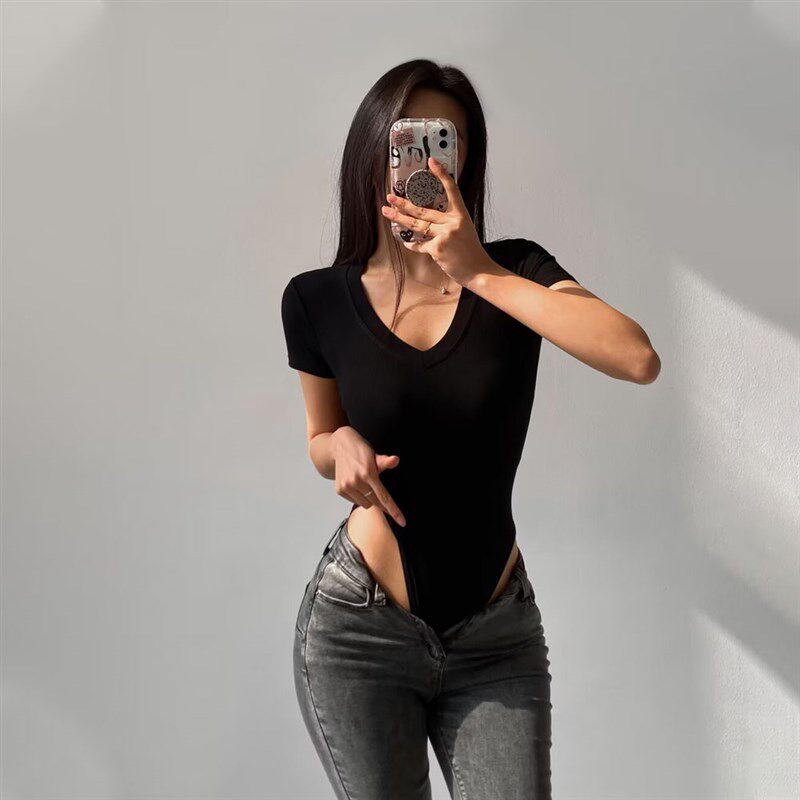 性感修身V领夏季短袖连体上衣女2024新款弹力百搭连档T恤打底衫潮