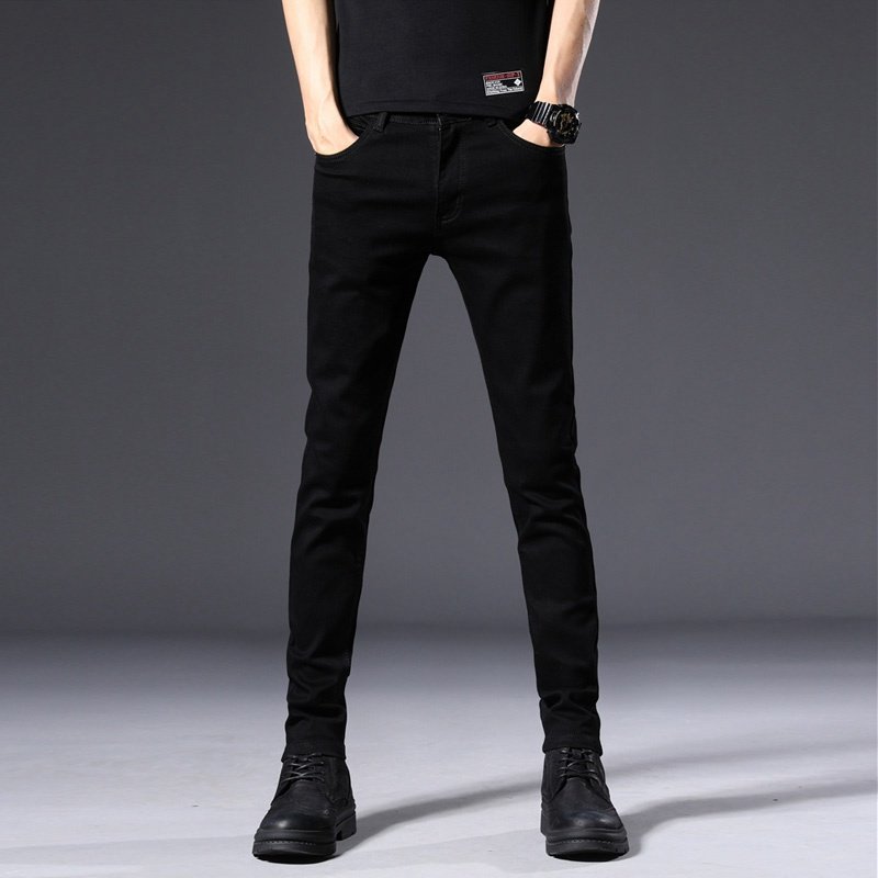 纯黑色男裤子秋冬款弹力牛仔裤男士加绒修身小脚百搭休闲直筒长裤