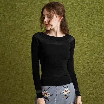 秋冬羊毛修身一字领长袖套头针织打底衫女低领网纱毛衣内搭短上衣