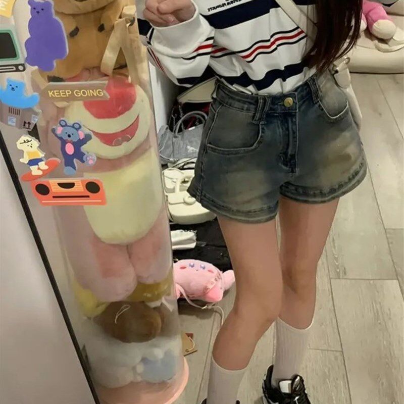 中大儿童装牛仔短裤小个子夏季复古学生美式高腰显瘦百搭阔腿女童