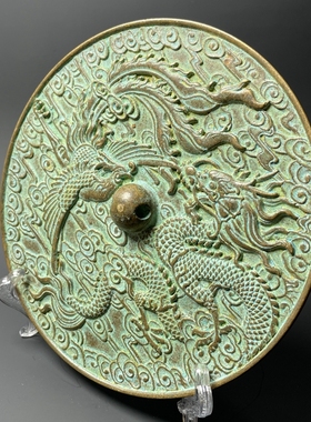 复古纯铜大号青龙凤图案铜镜做旧八卦镜摆件家居玄关柜客厅装饰品