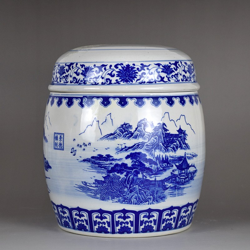 青花双龙纹山水图双盖带内盖陶瓷骨灰坛骨灰盒收殓罐陶瓷棺材大号