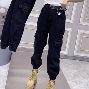 女胖mm黑色束脚哈伦牛仔裤 2024秋季 大码 老爹裤 子 胖妹妹小个子工装