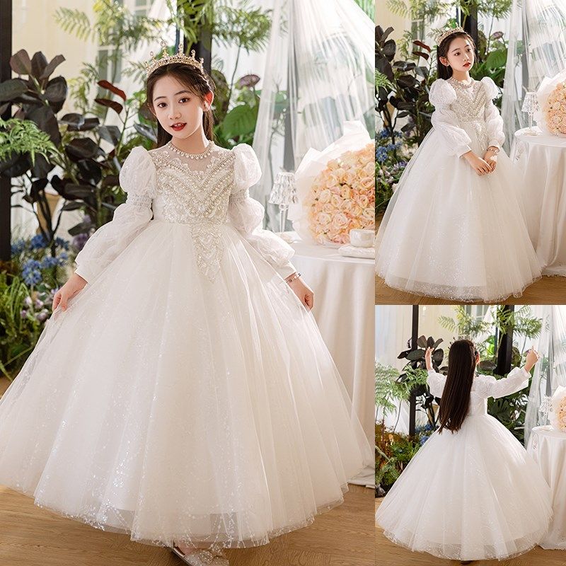 白色女童礼服秋冬季花童婚礼小女孩公主裙高端生日儿童主持人钢琴