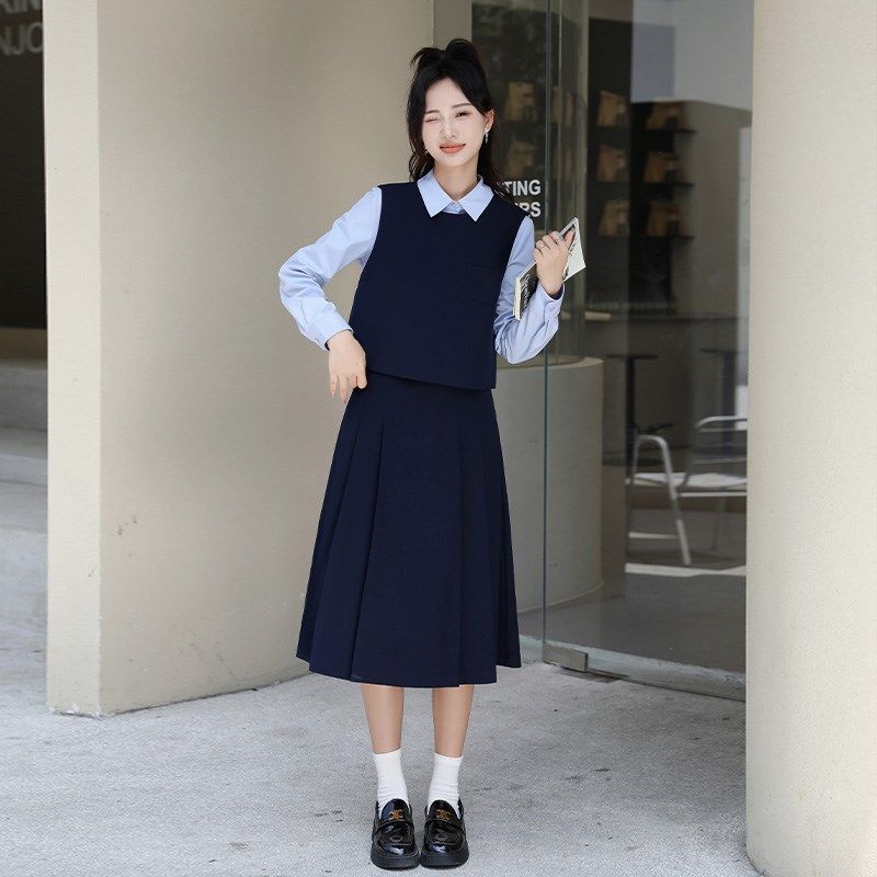 小个子短款西装马甲女2024秋季新款高级感职业衬衫百褶半身裙套装