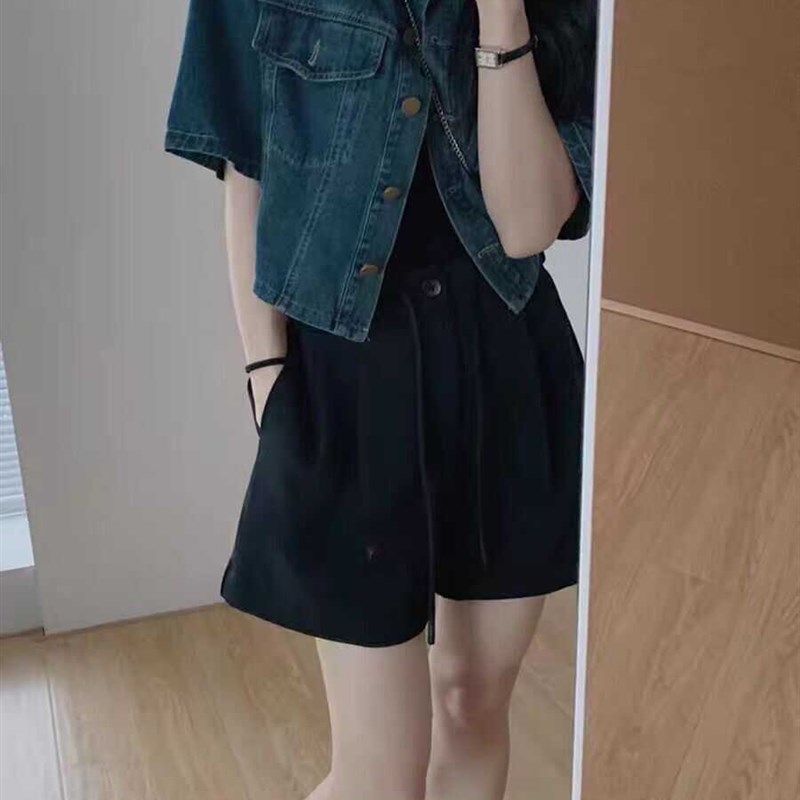 复古短袖牛仔衬衫外套女夏季大码胖mm宽松设计感休闲百搭短款上衣