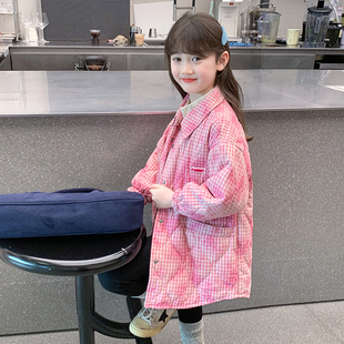 女童夹棉外套2024新款冬装儿童洋气时髦中长款加厚衬衫小女孩冬季