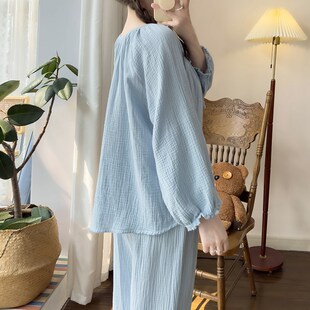 秋季纯棉睡衣套装女清新蓝色甜美公主风束脚花苞长裤棉纱家居服女