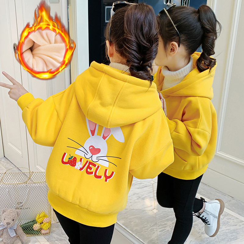 女童外套2021新款秋冬加绒加厚卫衣小童洋气中大童开衫中长款上衣
