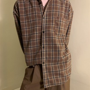 美式休闲咖色格子衬衫外套男女生学院风衬衣简约宽松复古长袖上衣