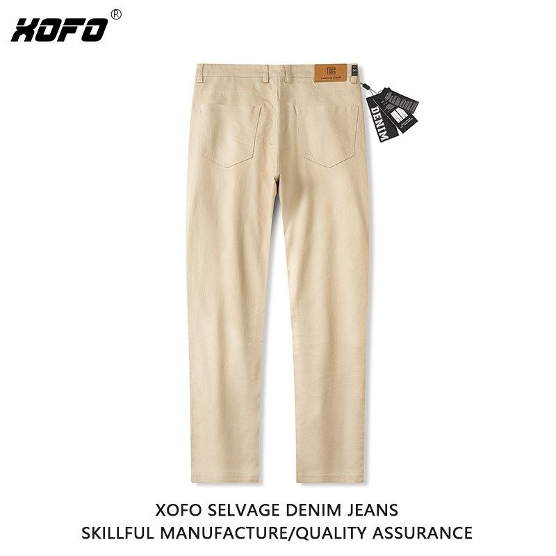 【定制裤长】新品休闲舒适卡其色修身直筒小脚牛仔裤男士薄款裤子