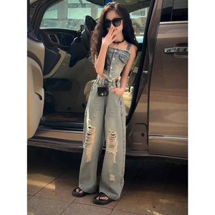 女童2024夏季复古牛仔套装港味吊带背心破两件套中大童洞阔腿长裤