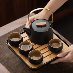 家用茶壶茶盘便携包一壶四杯订制LOGO 黑陶提梁壶旅行功夫茶具套装