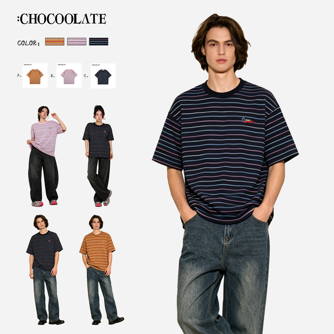 ：CHOCOOLATE彩色立体条纹编织短袖情侣T恤CCLTEXKL04260