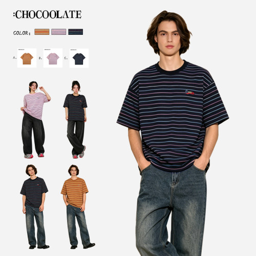 ：CHOCOOLATE彩色立体条纹编织短袖情侣T恤CCLTEXKL04260