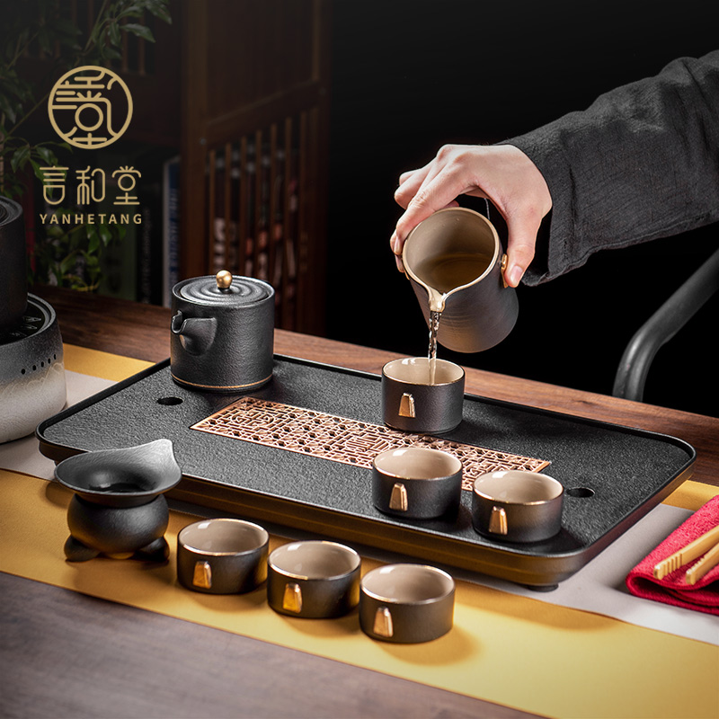 言和堂 功夫茶具套装 家用石茶盘储水整套陶瓷茶壶茶杯小套礼盒装