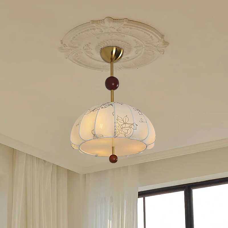 法式复古风实木吊灯温馨餐厅艺术花纹布艺书房中古卧室衣帽间灯具