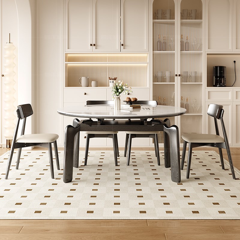 实木餐桌家用新法式奶油小户型多功能带电磁炉可伸缩圆形岩板饭桌