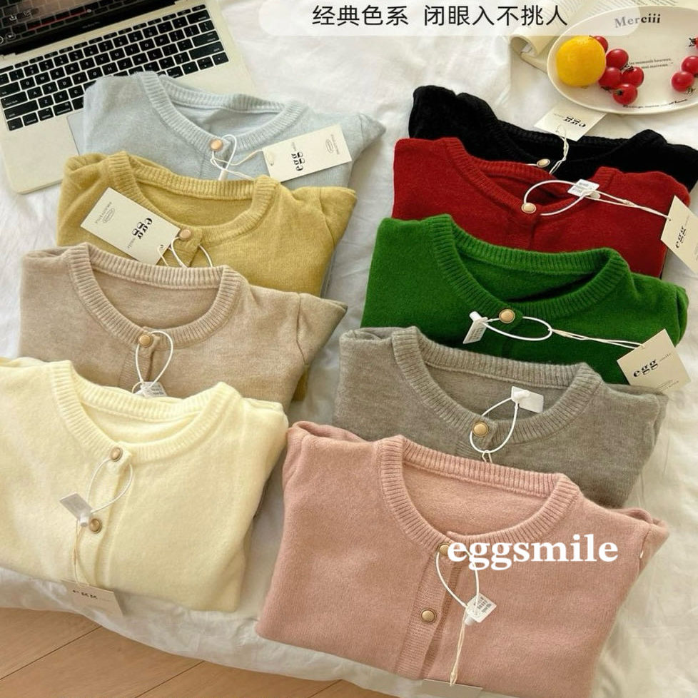 egg smile法式复古赫本风正肩小金扣圆领针织开衫泡泡袖毛衣 YZ