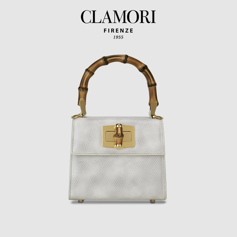 CLAMORI意大利秋季新款珍珠灰正品蛇纹小牛皮轻奢竹节斜挎女包