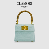 CLAMORI竹节包手提包斜挎包意大利新款 Baby蓝正品 小鳄鱼纹小牛皮