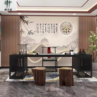 新中式古典木栅竹子背景墙板茶室茶叶店护墙板前台餐厅竹木纤维板