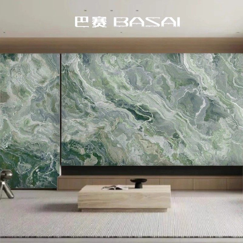 高级感3d立体壁纸轻奢绿色大理石纹墙纸客厅民宿房间电视背景墙纸
