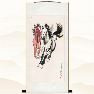 马图 徐悲鸿奔马图卷轴挂画 复古书房玄关装饰画绢布材质