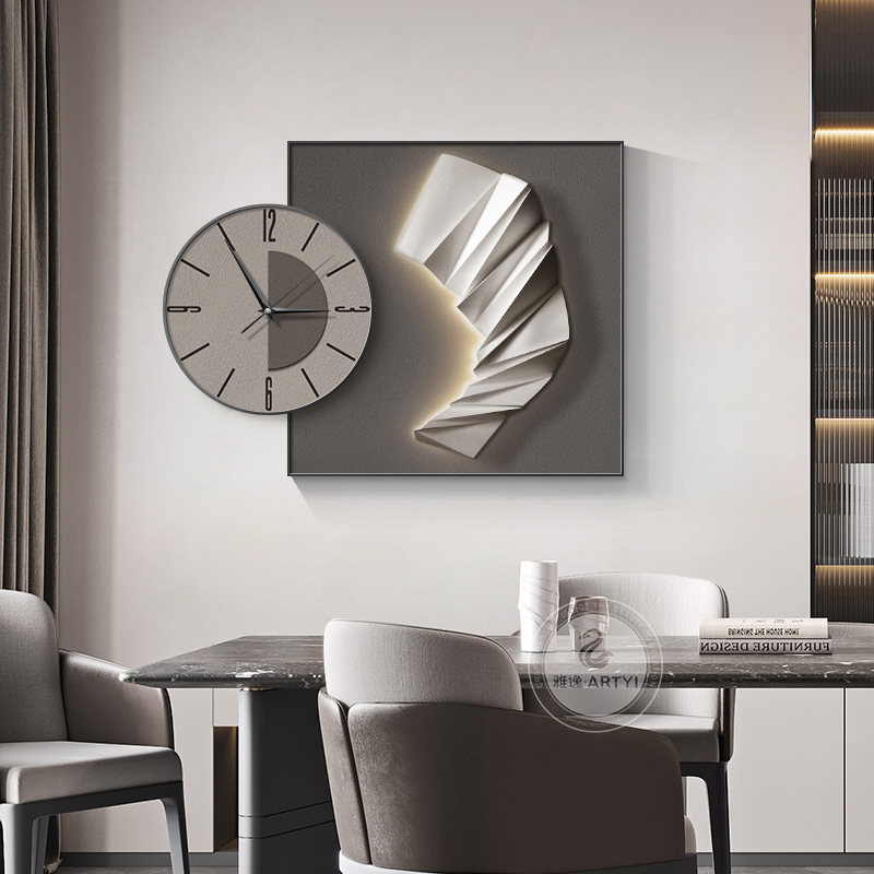 现代装饰画带钟表高级感几何抽象客厅挂画极简风饭厅壁画