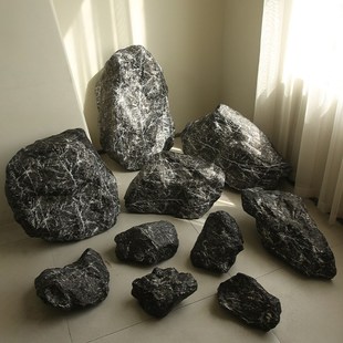 仿真玻璃钢黑山石庭院楼梯间假石头造景道具园林假山景观装 饰