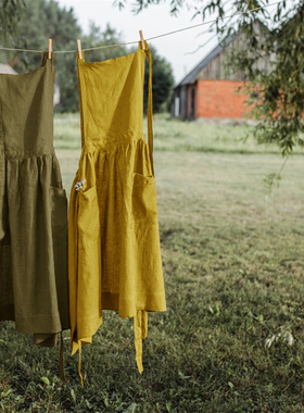 纯亚麻围裙透气美甲画画艺师店工作服女新款百褶裙