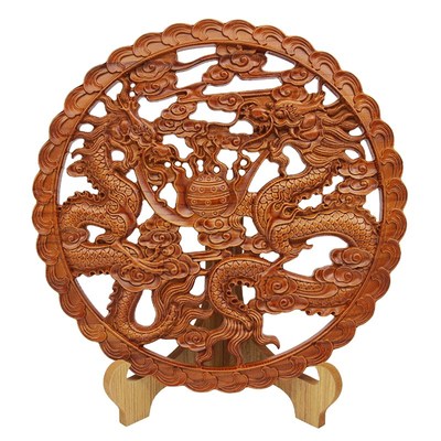 桃木龙戏珠二龙挂件客厅木雕运招财玄关办公室装饰品礼品