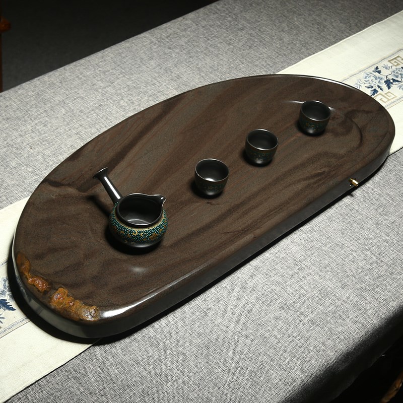 万石君大型茶盘带出水口安徽歙砚金皮玉带彩带籽料茶盘办公家用精