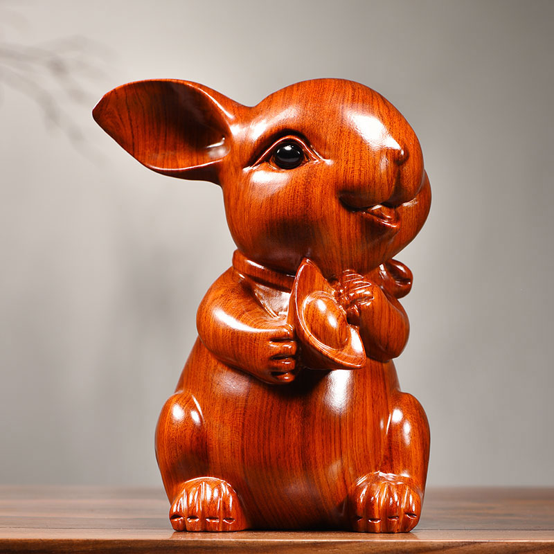 花梨木雕福财兔子摆件实木十二生肖三合家居客厅红木装饰工艺品