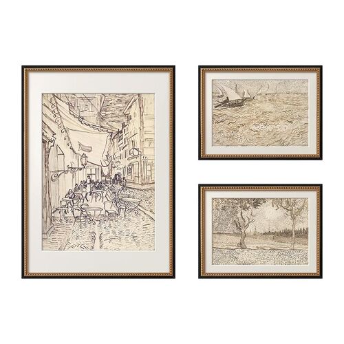 梵素描风景画画法式复古艺术客厅装饰画中古风玄关斗柜挂画