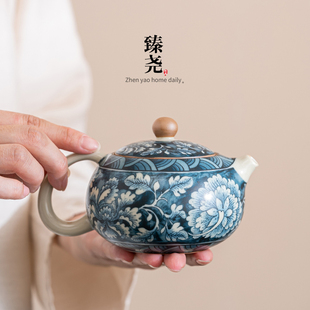 汝窑西施壶繁花陶瓷茶壶家用功夫茶具泡茶壶大容量喝茶单壶泡茶器
