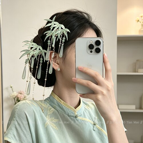 新中式竹叶流苏发夹汉服旗袍