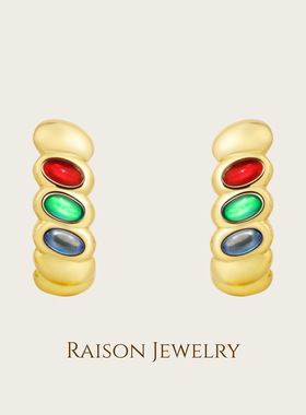 复古三原色18K金色C型撞色耳钉原创复古高级感港风耳饰秋冬气质女