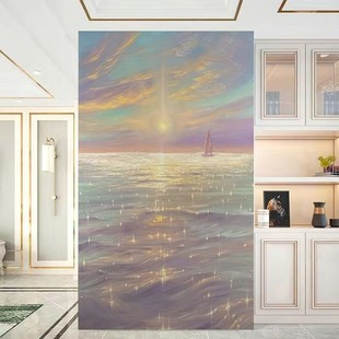 海上日出定制壁画客厅波光粼粼油画玄关大海晚霞风景肌理墙纸壁画