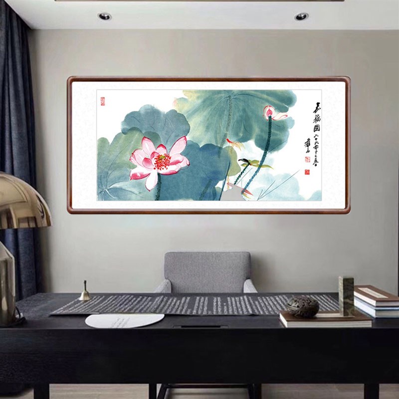 水墨荷花客厅装饰画餐厅书房挂画办公室酒店横幅国画张大千嘉藕图